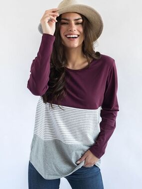 Nursing Queen Long Sleeve Colorblock Hidden Zipper Top in Burgundy and Gray